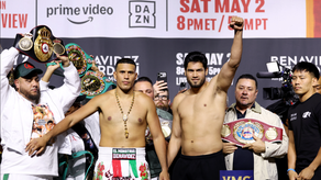 David Benavidez (izquierda) y Gilberto Ramírez (derecha) tuvieron su último careo durante el pesaje oficial que se celebró el 1 de mayo en Las Vegas. Foto: Cortesía/Golden Boy Promotions