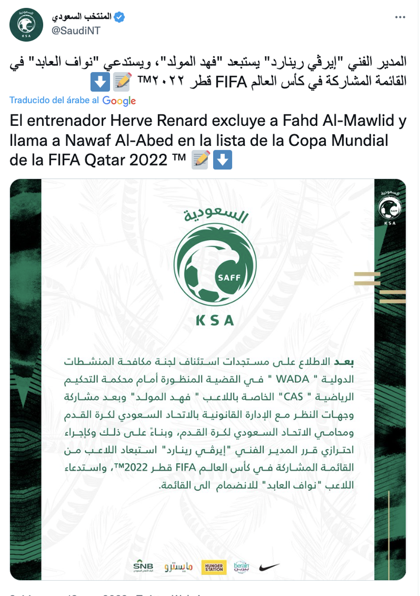 Fahad Al Muwallad excluido por Arabia Saudita del Mundial