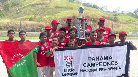 Jugadores y técnicos del elenco de Chiriquí posan con el trofeo y el banderín que los acredita como campeones nacional de la categoría 9 y 10 años. Foto: Cortesía/Edgardo Vidal