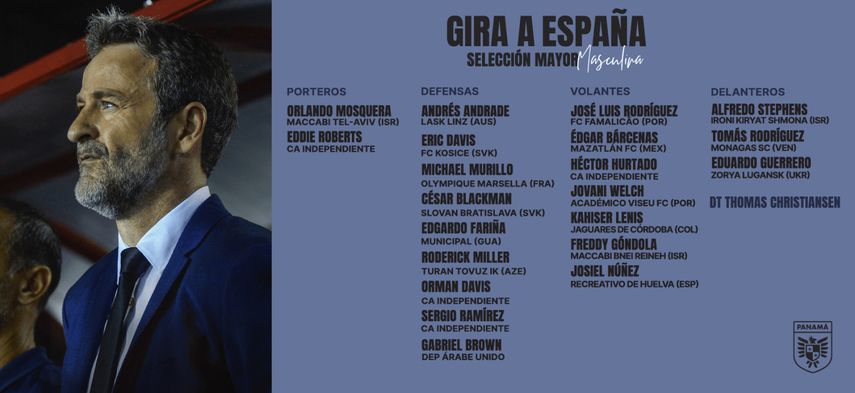 Lista de los 21 jugadores de la Selección de Panamá que viajarán a España a disputar amistosos contra Catalunya y Galicia.&nbsp;