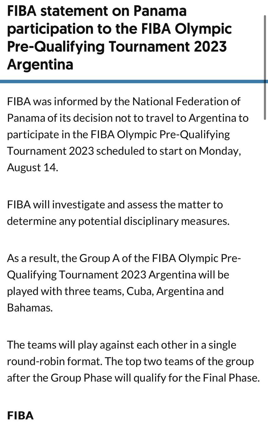 FIBA confirma que Panamá no jugará el Pre Clasificatorio