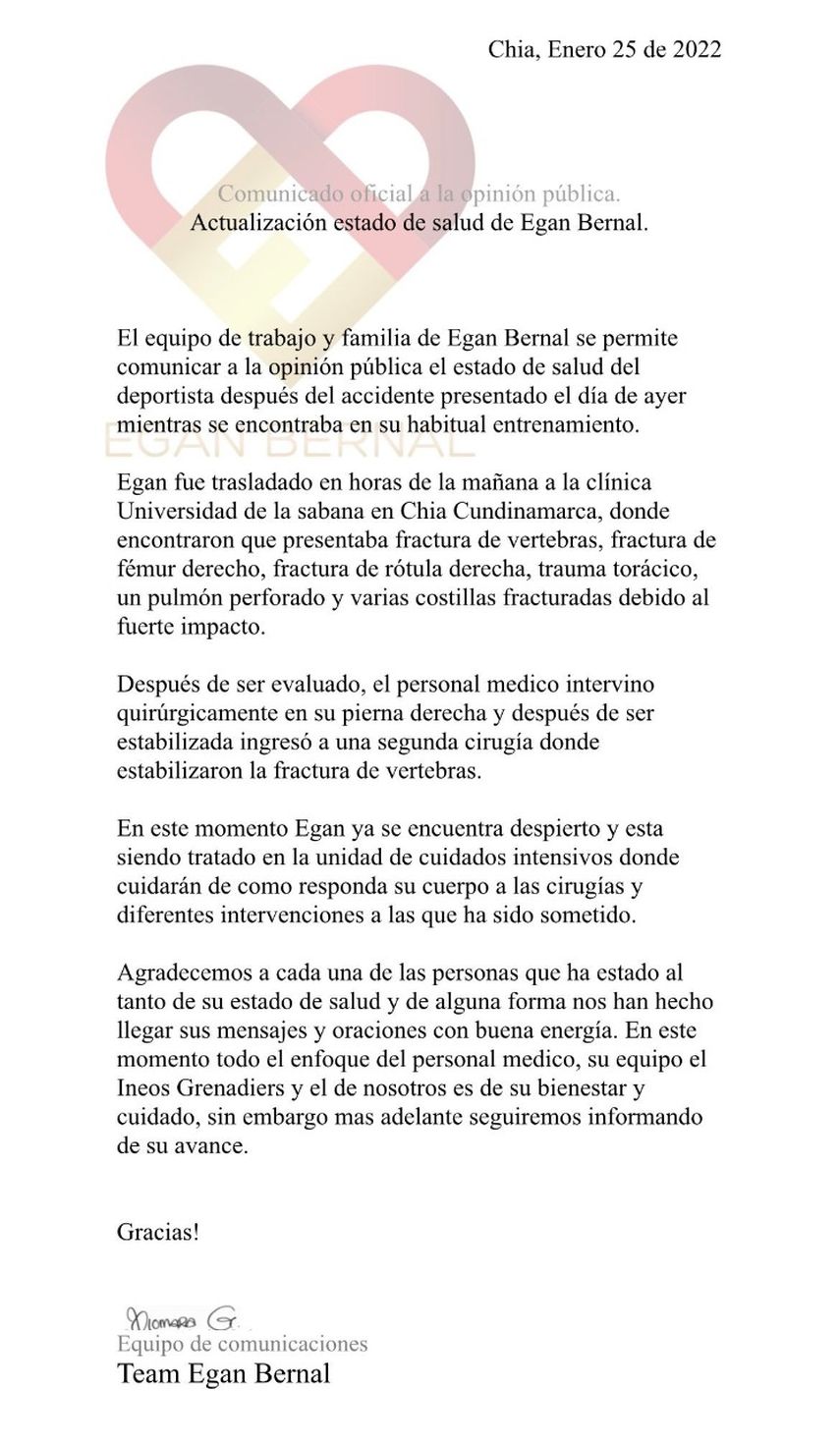 Comunicado del Team Egan Bernal sobre el estado de salud del ciclista colombiano