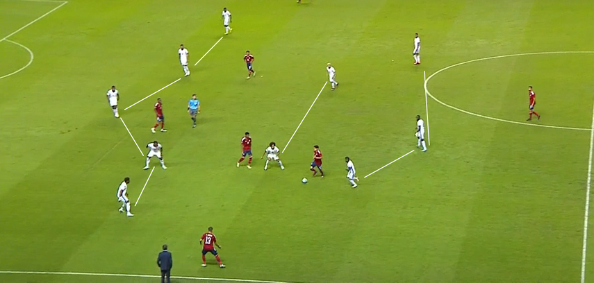 Panamá en su último partido contra Costa Rica no apretó arriba y se movió dentro de un 5-2-3 y un 5-4-1, dependiendo de la altura a la que lo obligasen a defender 'los ticos'.