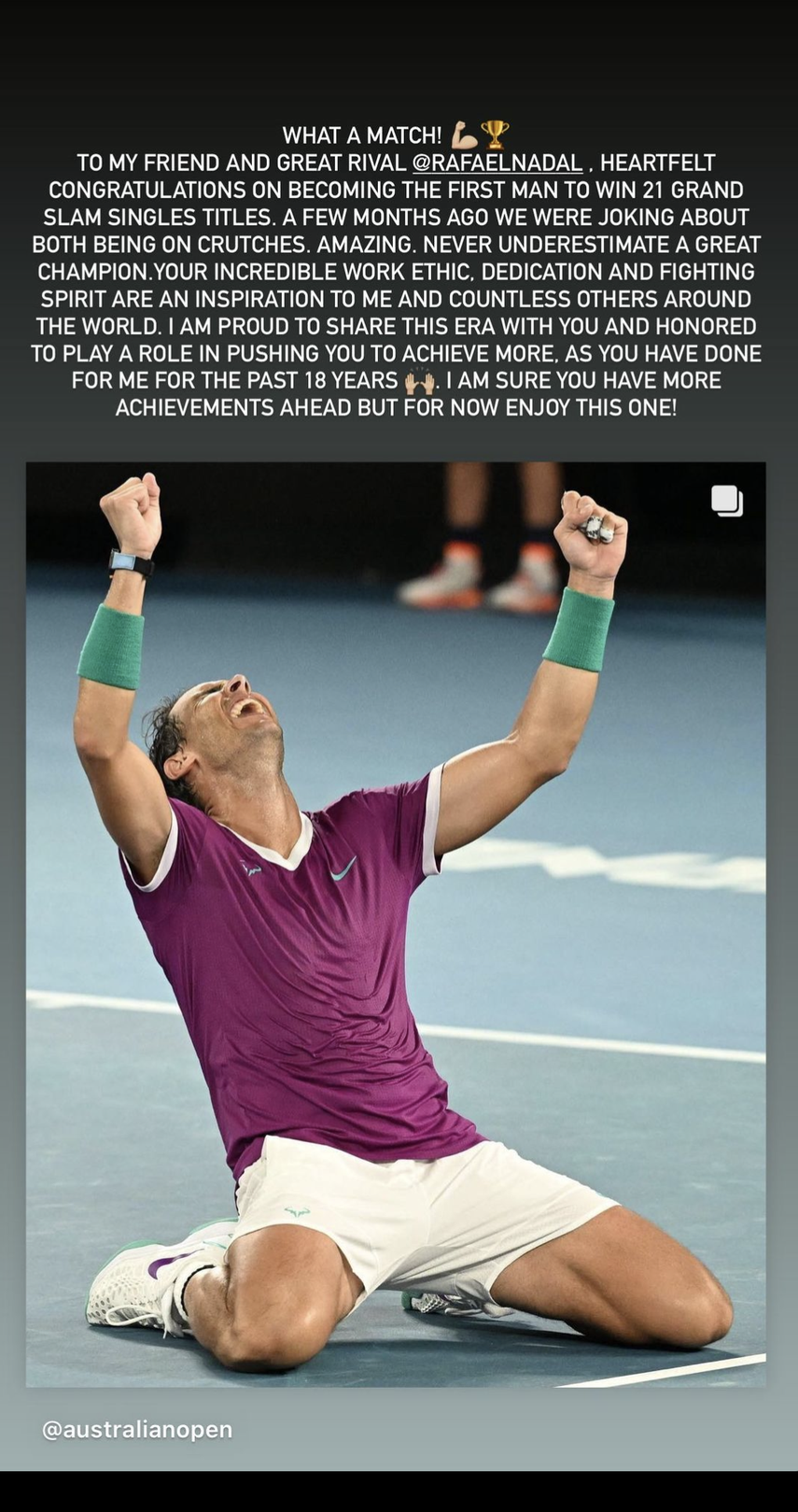 Mensaje de Roger Federer a Rafa Nadal tras conquista el Australian Open 2022