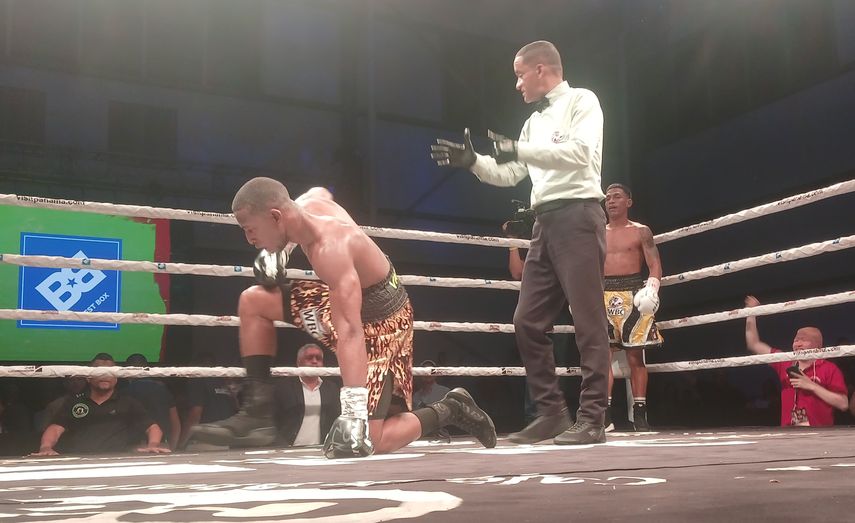 El boxeador cubano Pablo Vicente intenta levantarse para superar el conteo del árbitro Héctor Afú luego de haber sido derribado por un golpe del panameño Ricardo Científico Núñez (al fondo). Foto: Cortesía/Aurelio Ortiz